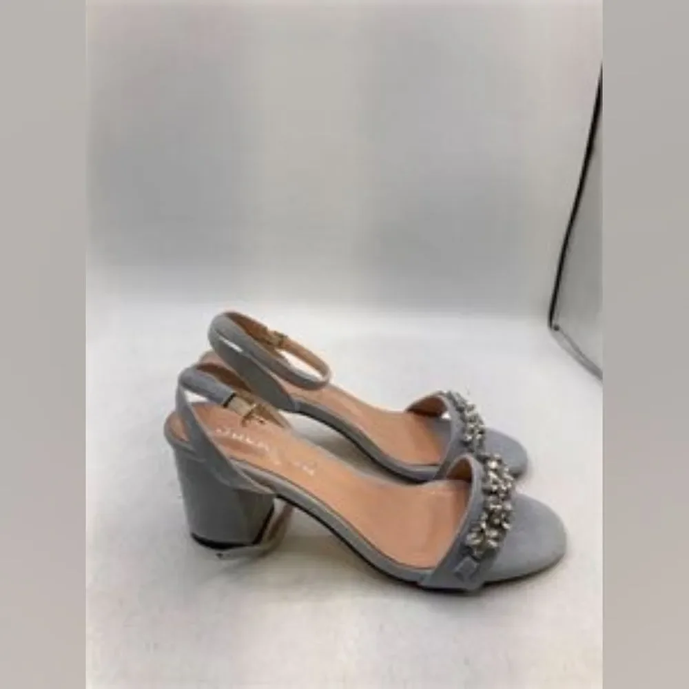 Saekcted Light Blue Gray Block Heel Rhinestone Strap Sandal Heel 7